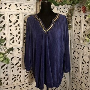 CATHY DANIELS PRETTY NAVY BLUE RIBBED WITH GOLD TONE NECK LONG SLEEVE PLUS TOP